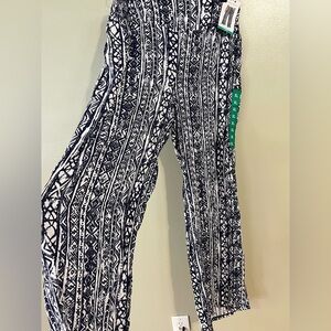 Three Dots Navy and White Patterned Women's Pants Wide Leg Pull On Boho XL NWT